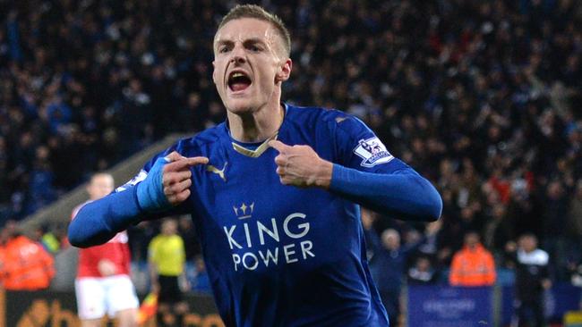 (FILES) This file photo taken on November 28, 2015 shows Leicester City's English striker Jamie Vardy celebrating after scoring during the English Premier League football match between Leicester City and Manchester United at the King Power Stadium in Leicester, central England. Leicester City forward Jamie Vardy has been voted the 2016 Footballer of the Year by the Football Writers' Association (FWA), it was announced on May 2, 2016. / AFP PHOTO / OLI SCARFF