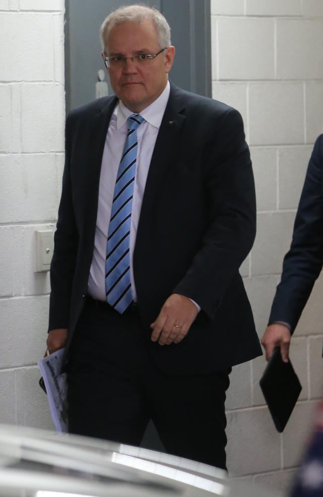 Prime Minister Scott Morrison leaves the 2GB studios after an interview with Alan Jones. Picture John Grainger.