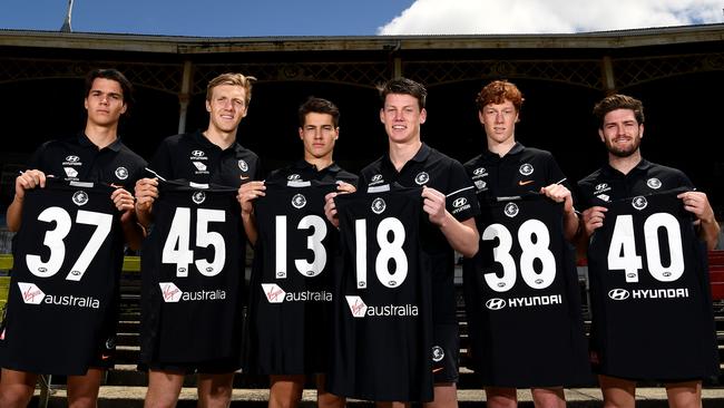 Carlton’s new recruits (from left) Ben Silvagni, Hugh Goddard, Liam Stocker, Sam Walsh, Finbar O'Dwyer and Tomas Bugg.