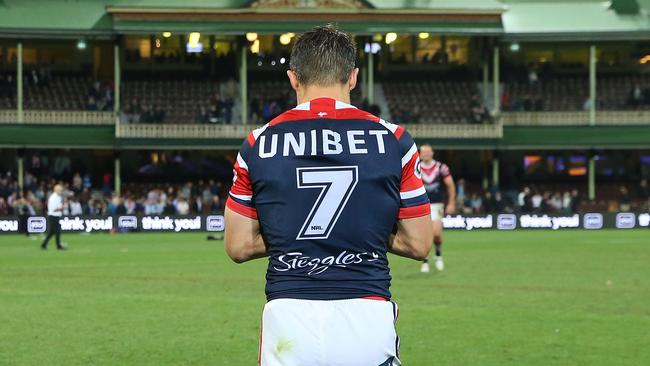 SYDNEY, AUSTRALIA - SEPTEMBER 28: Cooper Cronk of the Roosters leaves the field after the NRL Preliminary Final match between the Sydney Roosters and the Melbourne Storm at the Sydney Cricket Ground on September 28, 2019 in Sydney, Australia. (Photo by Jason McCawley/Getty Images)