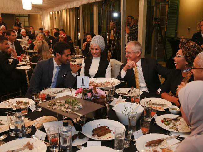 Prime Minister Malcolm Turnbull hosts an Iftar dinner celebrating Ramadan at Kirribilli House in Sydney on Thursday 16 June 2016. Guests included broadcaster Waleed Aly and his wife Susan Carland. Picture: AAP