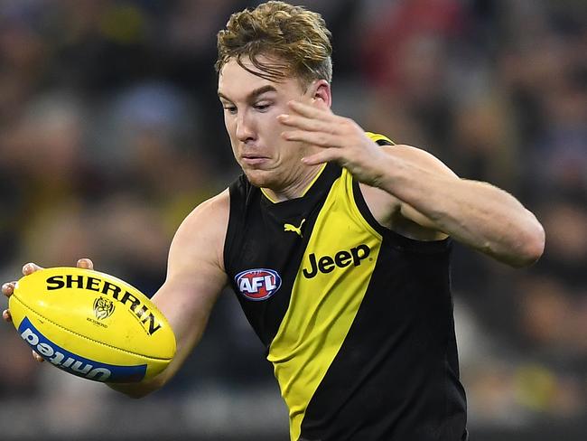 Tom Lynch of the Tigers is seen in action during the Round 12 AFL match between the Richmond Tigers and the Geelong Cats at MCG in Melbourne, Friday, June 7, 2019. (AAP Image/Julian Smith) NO ARCHIVING, EDITORIAL USE ONLY