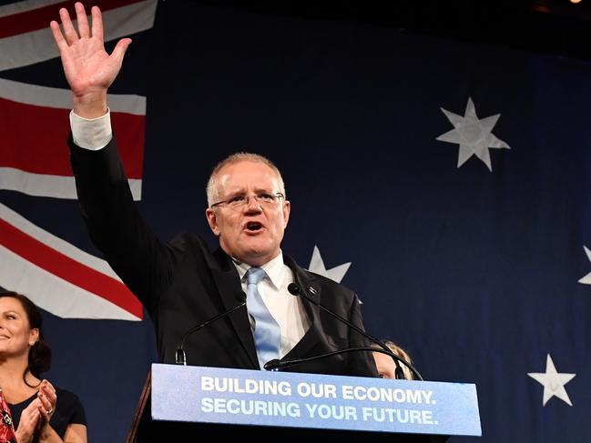 Prime Minister Scott Morrison on election night, May 18, 2019. “I’ve always believe in miracles,” he said during his speech. Picture: AAP Image/Mick Tsikas