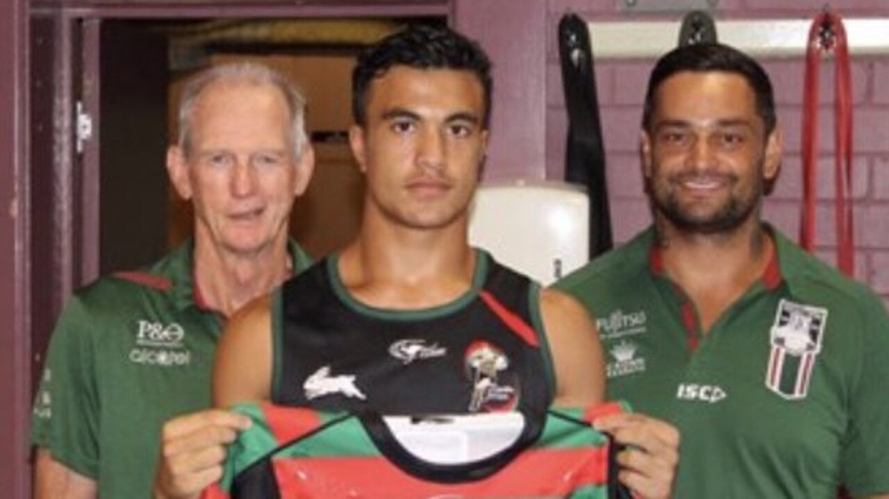Joseph Suaalii with Wayne Bennett and John Sutton after signing with South Sydney