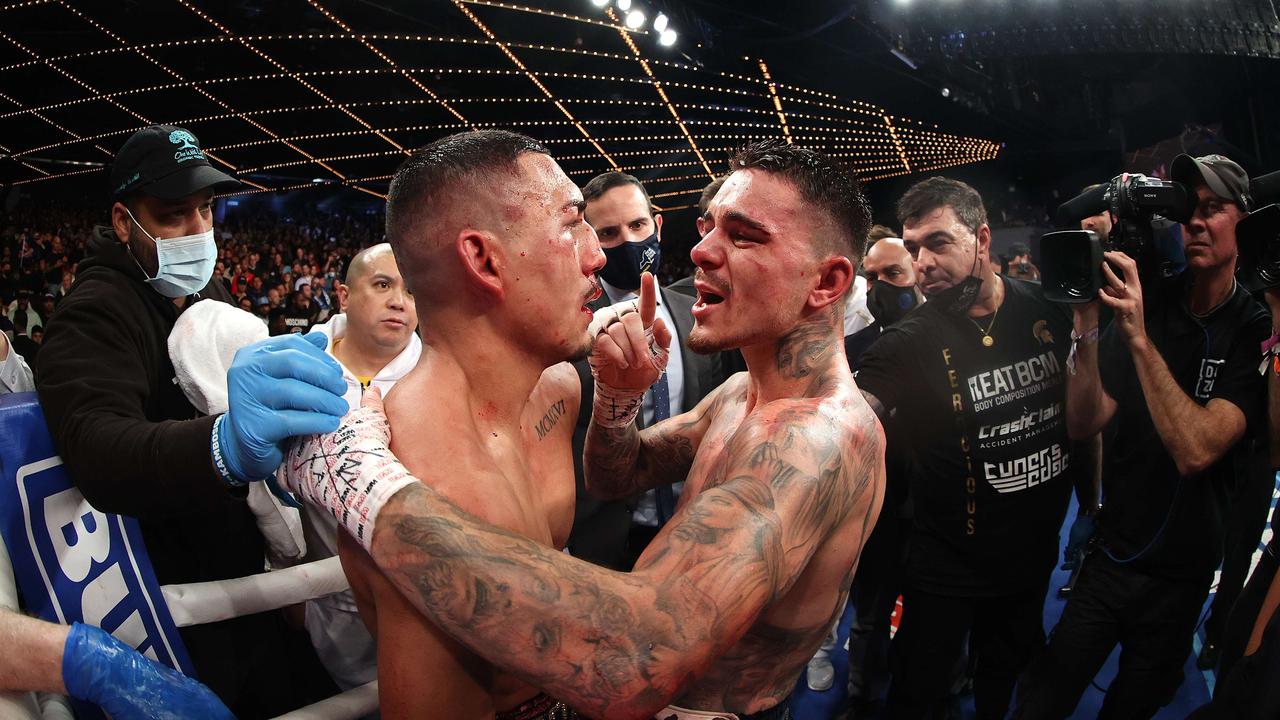 Things got heated between Teofimo Lopez and George Kambosos after the fight. Picture: AFP