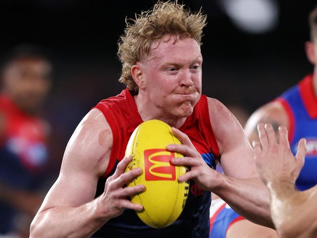 MELBOURNE, AUGUST 2, 2024: 2024 AFL Football - Round 21 - Western Bulldogs V Melbourne Demons at Marvel Stadium. Clayton Oliver in action. Picture: Mark Stewart