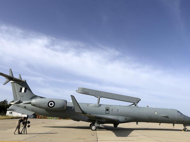 A Greek plane taking part in the search which is concentrating on an area south of Crete. Picture: AP Photo/Thanassis Stavrakis.