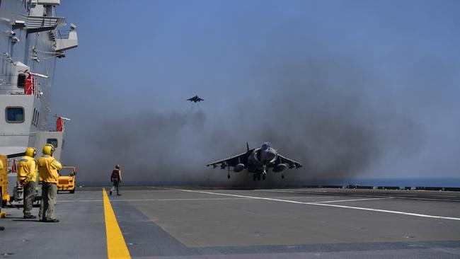 An AV-8B Harrier landing on deck. Picture: Pema Tamang Pakhrin