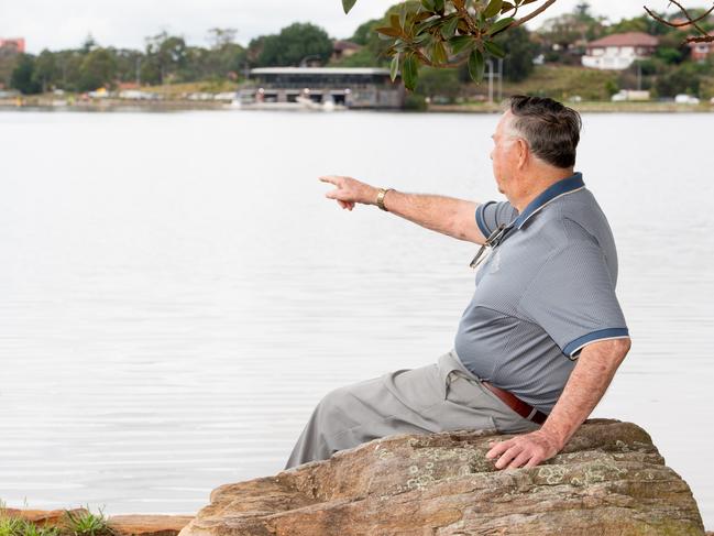 Bruce Brown points to where he saw a shark at Rodd Park in Five Dock. Picture: Monique Harmer