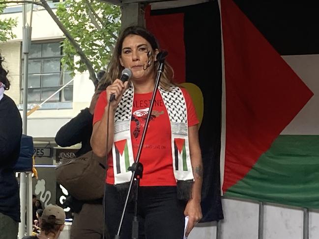 Lidia Thorpe addresses the crowd at the pro-Palestine rally in Melbourne CBD.