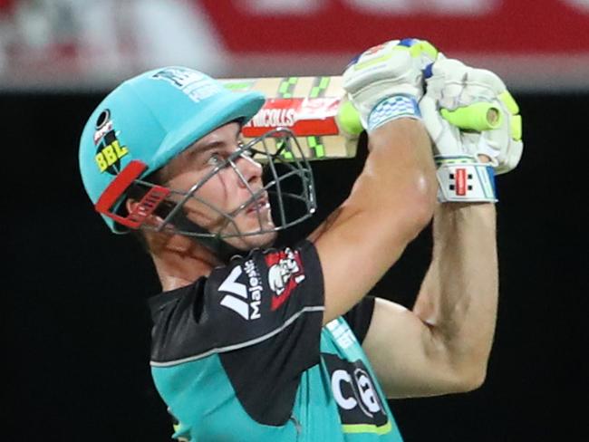 Chris Lynn of the Heat hits six runs during the BBL game between the Brisbane Heat and the Hobart Hurricanes. Pic Darren England