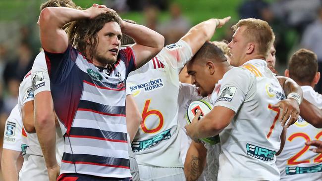 MELBOURNE, AUSTRALIA - MARCH 17: Jordy Reid of the Rebels reacts after Sam Cane of the Chiefs scores a try during the round four Super Rugby match between the Rebels and the Chiefs at AAMI Park on March 17, 2017 in Melbourne, Australia. (Photo by Scott Barbour/Getty Images)