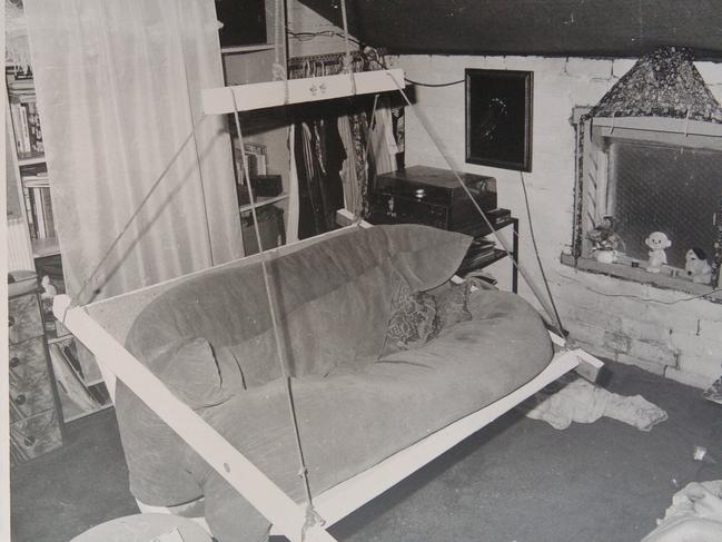 The swinging settee, which was suspended from the ceiling on ropes. 