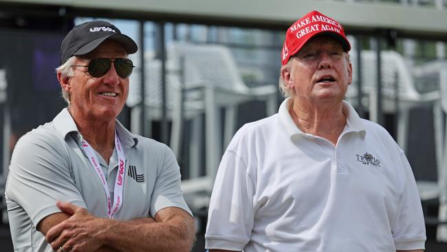 (L-R) Greg Norman, CEO and commissioner of LIV Golf, talks with former U.S. President Donald Trump. Picture: Getty Images