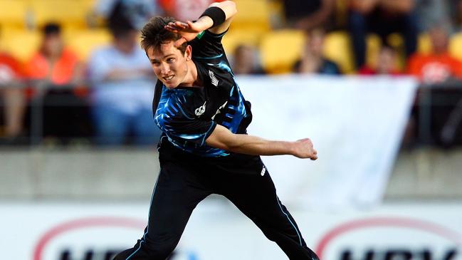 WELLINGTON, NEW ZEALAND - JANUARY 15: Adam Milne of New Zealand bowls during the game two of the Twenty20 series between New Zealand and the West Indies at Westpac Stadium on January 15, 2014 in Wellington, New Zealand. (Photo by Hagen Hopkins/Getty Images)