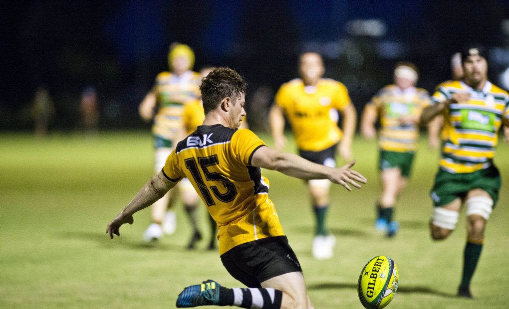 David West kicks for the Brahmans. Rugby Union, Cattleman's Cup, Darling Downs vs Central Qld Brahmans. Saturday, 3rd Mar, 2018. Picture: Nev Madsen