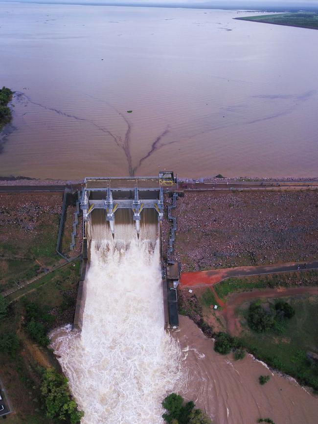 A drone picture taken of the Ross River Dam at 6pm, January 31 when it was at 154 per cent capacity. Picture: Brooks Steff