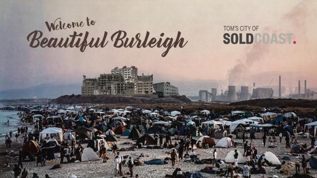 A postcard put out by Save Our Spit Facebook page showing what the group cheekily believes Burleigh could become if the beach was privatised.