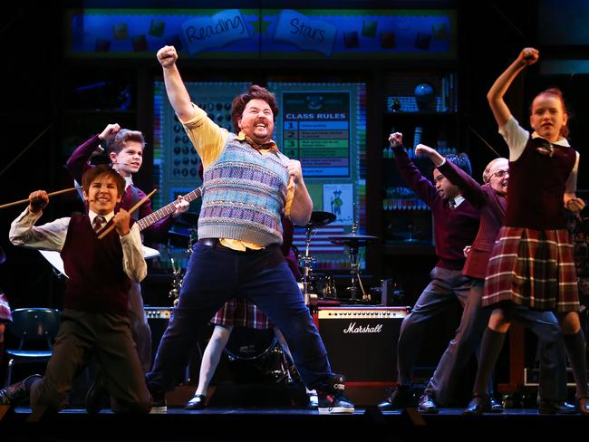 Brent Hill, who plays Dewey Finn, with the cast of School of Rock. Picture: Brendon Thorne/Getty Images