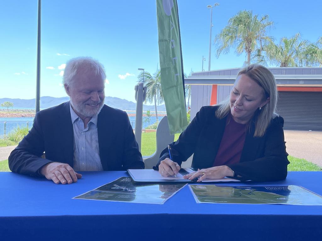 Signing the Townsville Powerfuels Memorandum of Understanding - ABEL Energy CEO Michael van Baarle and Port of Townsville CEO Ranee Crosby. Picture: Leighton Smith.