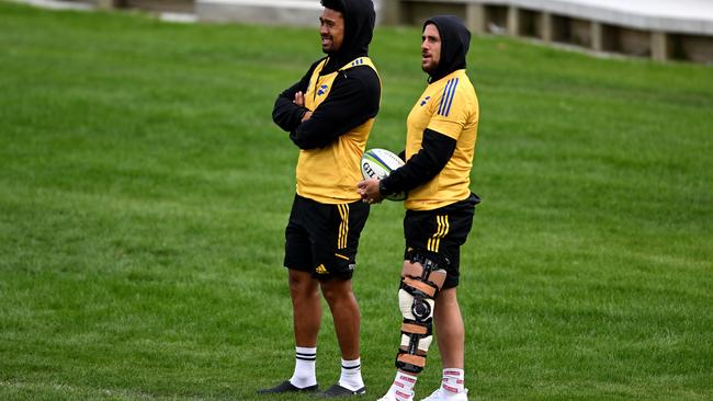 TJ Perenara (right), with captain Ardie Savea, is out for the opening weeks of the competition with injury but will strengthen the Hurricanes’ halves when he returns. Picture: Getty Images