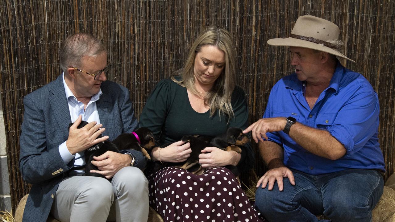 Anthony Albanese at the Sydney Royal Easter Show with partner Jodie Haydon and farmer James Kemp before the election campaign really kicked off. Picture: Monde Photography on behalf of RAS of NSW