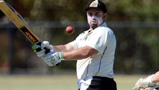 Cricket MPCA Pines v Boneo at Eric Bell Reserve, Frankston North. Boneo's Cameron Williams on his way to 36 before being caught and bowled by Brett Hudgson.