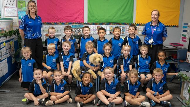 One Mile State School Prep 2023: Back row (L-R): Mrs Kellie Pilkington (teacher aide), Reagan, Hudson, Caelan, Eze, Tex, Ryder, Mrs Jellina Penn (teacher). <br/>Middle row: Ivy, Ace, Albert, Taneisha, Shelby, Cahira, Jett, Tanarty. <br/>Front row: Bryce, Lyarna, Atreo, Chase, Amira, Billy. Picture: Christine Schindler