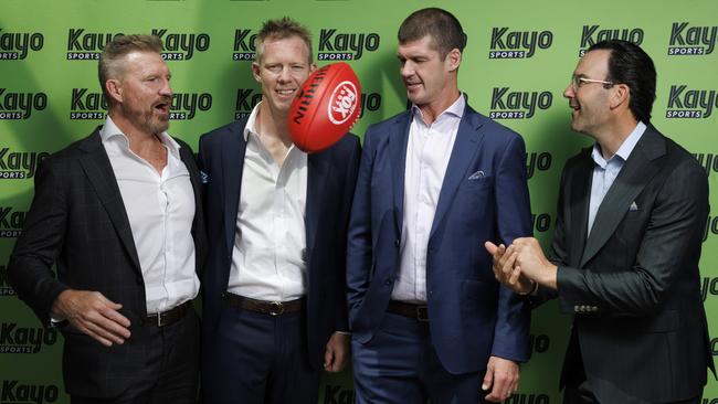 Nathan Buckley, Jack Riewoldt, Jonathan Brown and Jordan Lewis during the Fox Footy 2025 Season Launch. Photo: Daniel Pockett