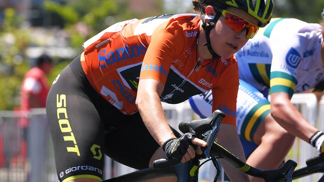 Australia’s Amanda Spratt of  Team Mitchelton-Scott wearing the orange leader jersey