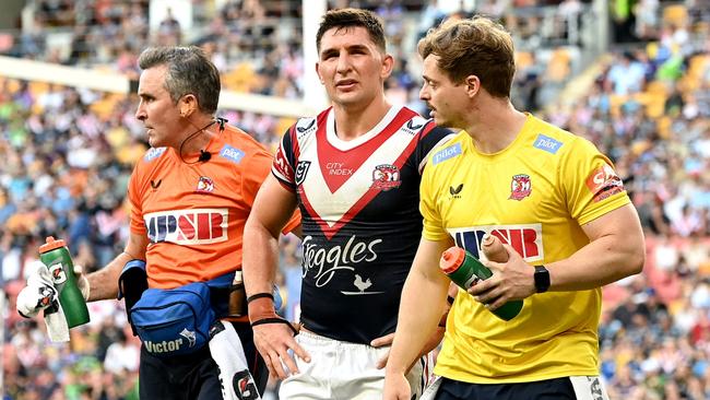 BRISBANE, AUSTRALIA - MAY 15: Victor Radley of the Roosters is taken from the field with an injury during the round 10 NRL match between the Sydney Roosters and the Parramatta Eels at Suncorp Stadium, on May 15, 2022, in Brisbane, Australia. (Photo by Bradley Kanaris/Getty Images)