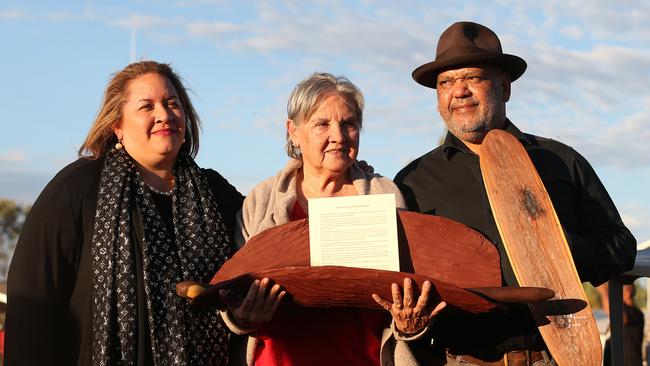 Megan Davis, Pat Anderson and Noel Pearson at the Uluru convention closing ceremony. Picture: James Croucher