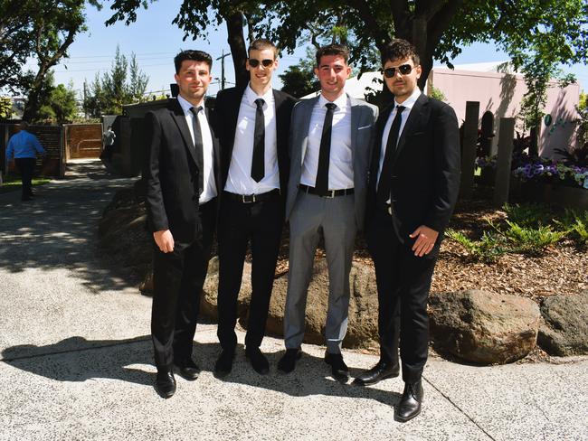 Guests in striking racewear at Penfolds Derby Day at the Flemington Racecourse on Saturday, November 02, 2024: George Nitsiopoulos, Adam Tsiglev, Lee Priskas and Joel Zarpalas. Picture: Jack Colantuono