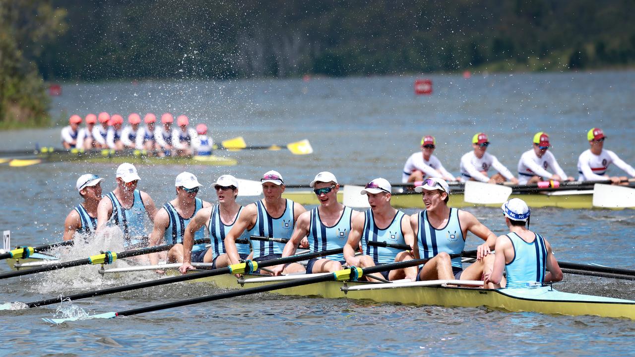 Brisbane Grammar School open eight division 1 team (from left) Harry Sirett, Riley Lockyer, Tom Clifton, Henry Doe, Drew Weightman, Samuel Atherton, Hugh Weigtman, Dan Horsley and Jono Cooke celebrate their win at the GPS Head of the River, Lake Wyaralong. Picture: Sarah Marshall/AAP