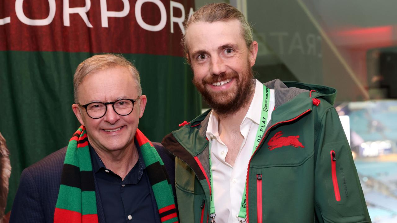 EMBARGOED DAILY TELEGRAPH SPECIAL SPEAK TO KRISTY MILLER BEFORE USE, 27th August 2022. Prime minister Anthony Albanese pictured with Mike Cannon-Brookes at a Rabbitohs function, Accor Stadium in Sydney Olympic Park. Picture by Damian Shaw