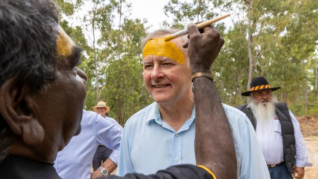 EAST ARNHEM, AUSTRALIA – JULY 29: Australian Prime Minister Anthony Albanese has his face painted during the Garma Festival. Picture: Tamati Smith/ Getty Images