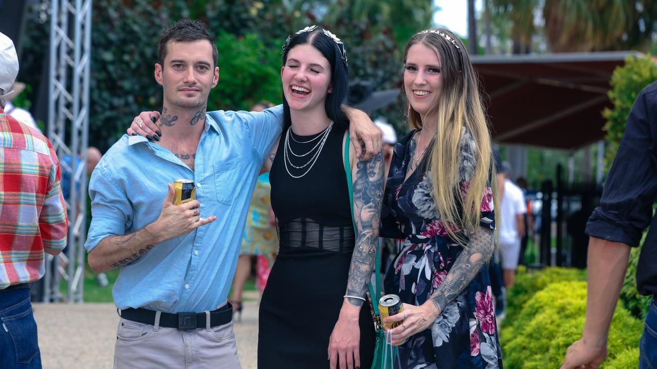 Having a ball at The Great Northern Darwin Cup at Fannie Bay Turf Club are Luke Ruxton , Rebekah Wortlehock and Tayla Porter. Picture: Glenn Campbell