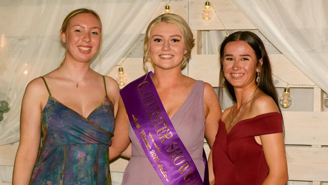 from left: Claire Liversidge (Goulburn Young Woman), Taylah Eyre-Hughs from Gloucester and Piper Conder from Maitland at the Lismore Workers Club for the zone 1 final Sydney Ag Show Young Woman 2022.