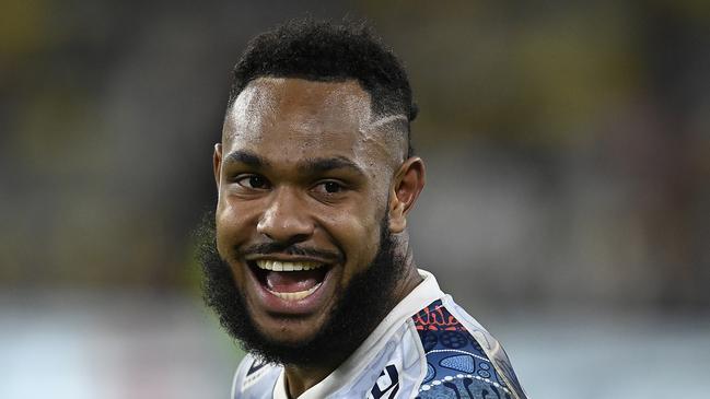 TOWNSVILLE, AUSTRALIA - JUNE 10:  Hamiso Tabuai-Fidow of the Cowboys celebrates after winning  the round 14 NRL match between the North Queensland Cowboys and the St George Illawarra Dragons at Qld Country Bank Stadium, on June 10, 2022, in Townsville, Australia. (Photo by Ian Hitchcock/Getty Images)