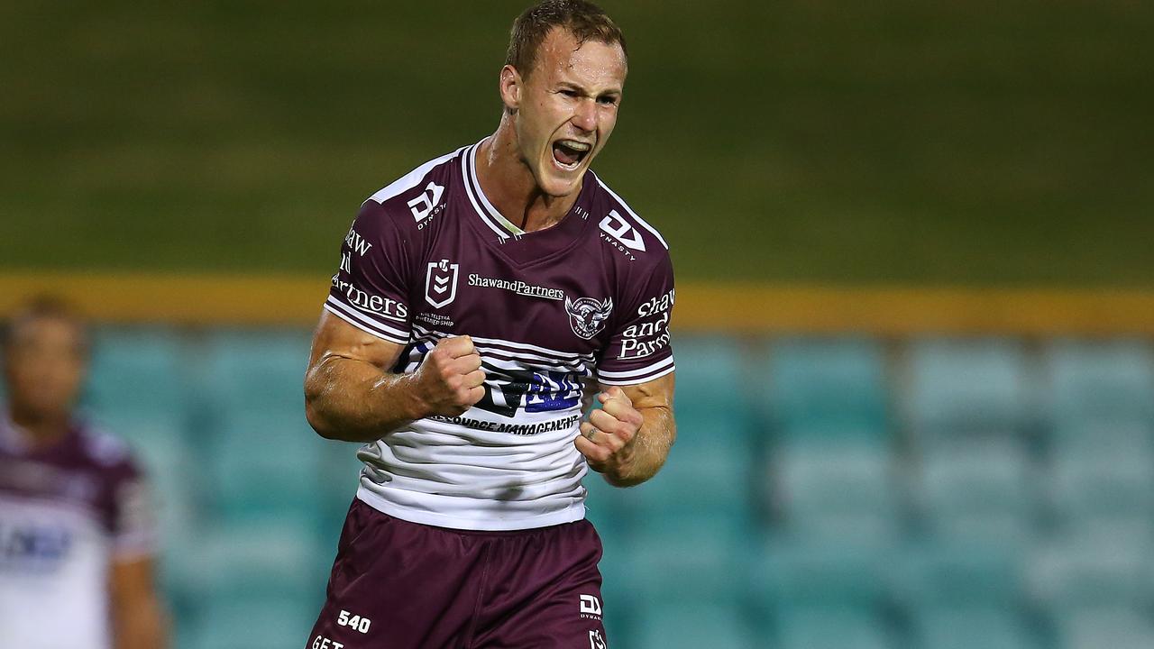 SYDNEY, AUSTRALIA - MARCH 21: Daly Cherry-Evans of the Sea Eagles celebrates kicking the match winning field goal during the round 2 NRL match between the Sydney Roosters and the Manly Sea Eagles at Leichhardt Oval on March 21, 2020 in Sydney, Australia. (Photo by Jason McCawley/Getty Images)