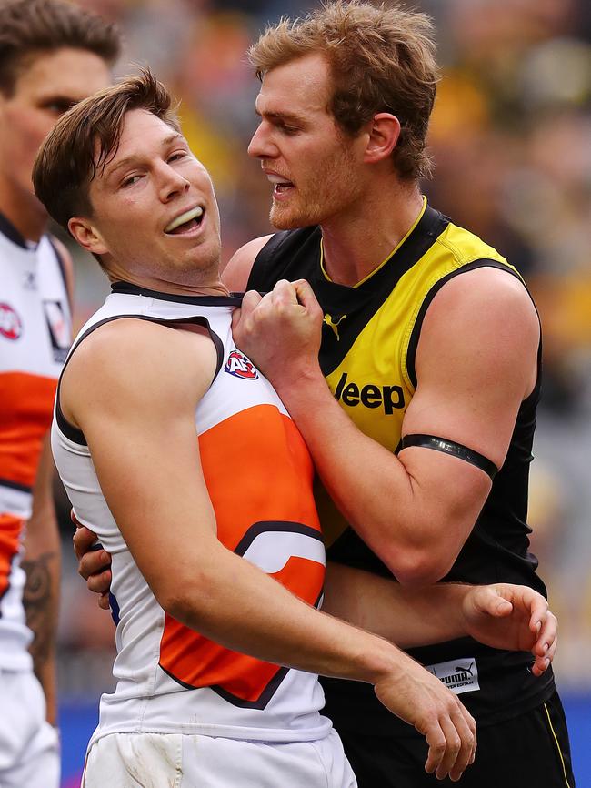 Toby Greene and David Astbury after the Rance incident. Picture: Michael Klein