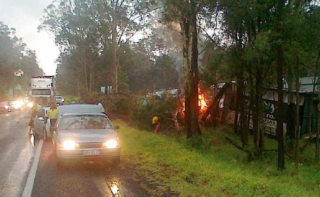 The fiery aftermath of the Warrego Hwy collision. Picture: Kerry O'Neill