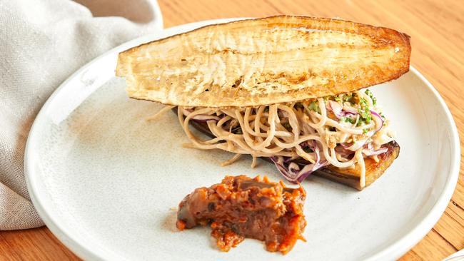 Soba noodles with roasted eggplant. Picture: Griffin Simm