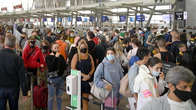 Sydney Airport has been plunged into chaos for a third straight day, with passengers stuck in snaking queues lashing out at “poor planning”. Picture: Jeremy Piper