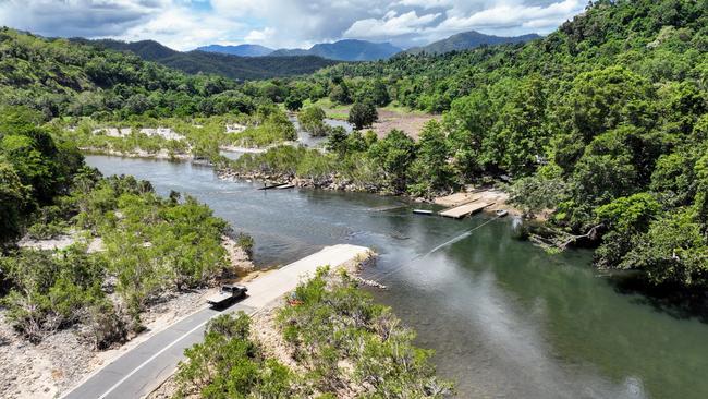 Cairns Regional Council has begun survey work to install a pedestrian bridge, then a temporary vehicle bridge with a 10 tonne limit, over the upper reaches of the Mulgrave River in the Goldsborough Valley. Picture: Brendan Radke