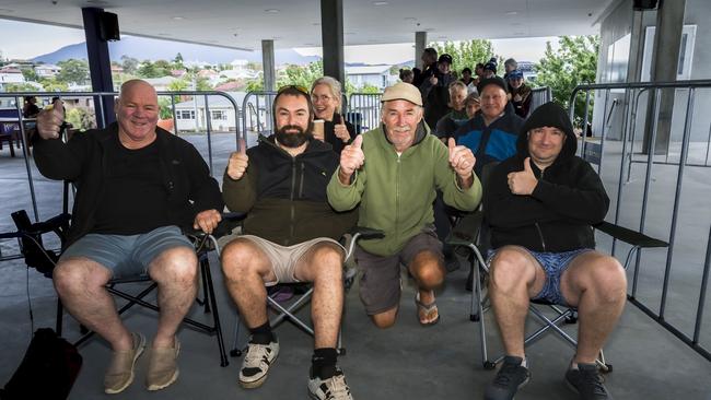 Michael Townsend from Howrah, Issac Daniels from New Norfolk, Ben Daniels from Kingston and Dave Daniels Austins Ferry were at Ninja Stadium at 6am to queue for BBL Grand Final tickets. Picture: Caroline Tan