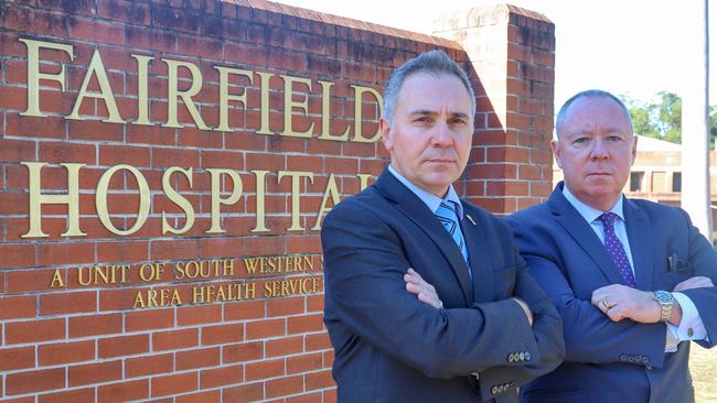 Fairfield state Labor MP Guy Zangari and Prospect state Labor MP Hugh McDermott outside Fairfield Hospital.