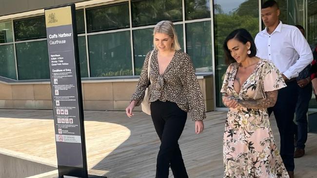 Hamish Francourt (white shirt) leaving Coffs Harbour Courthouse during an earlier appearance. The court heard this week that Francourt enjoyed strong family support.