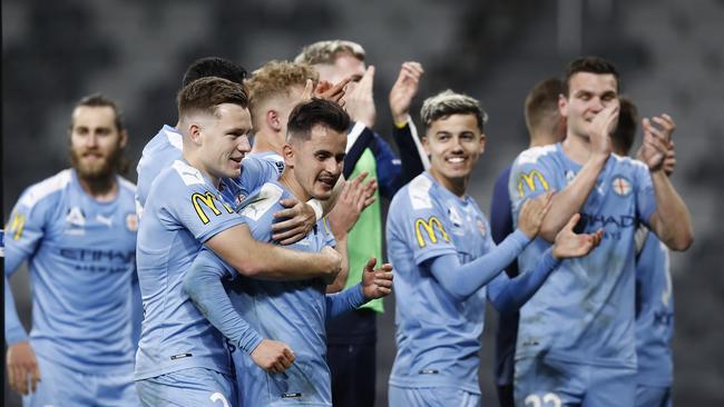 Melbourne City celebrate winning through to the grand final. Picture: Ryan Pierse/Getty