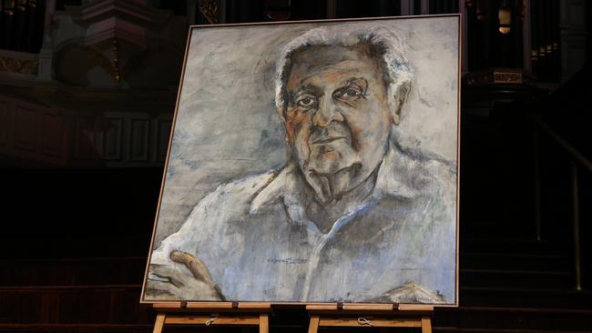 The portrait of Jack Mundey at his State memorial Service. Picture: NCA NewsWire / Gaye Gerard